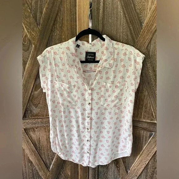 Size Small JACHS Girlfriend Button Down White Red Top Short Sleeve Blouse - Picture 1 of 7